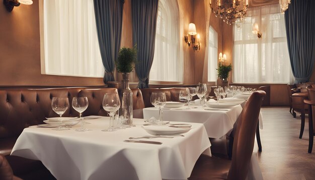 un restaurante con una mesa con un mantel y un mantel con flores en él