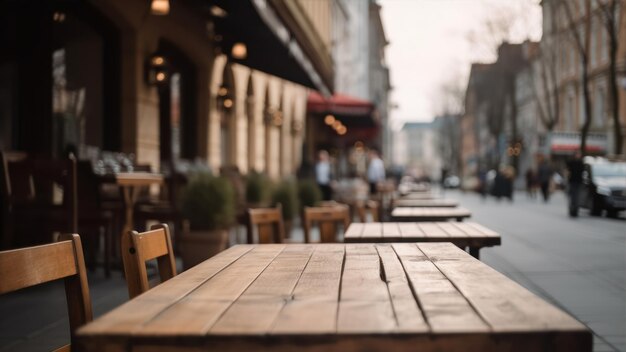 Un restaurante con una mesa y sillas de madera delante