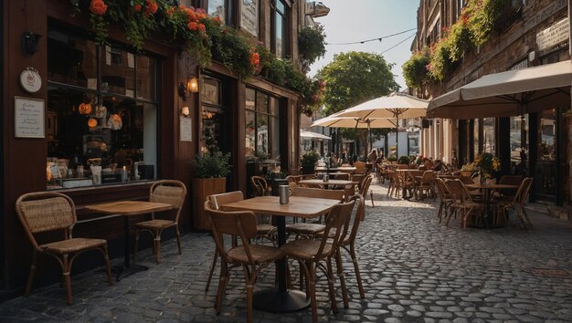 un restaurante con una mesa y sillas y sombrillas IA generativa