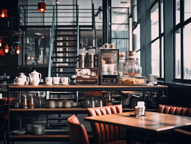 Restaurante con mesas, sillas y máquina de café