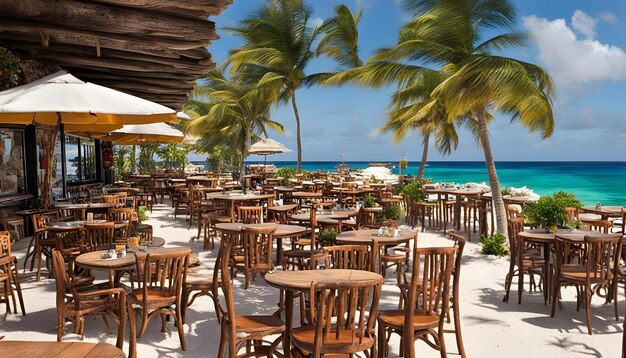 un restaurante con mesas y sombrillas en la playa