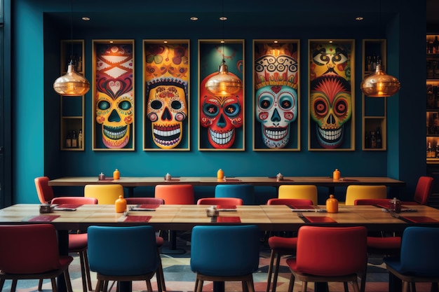 Un restaurante mexicano con tema del Día de Muertos del cráneo.