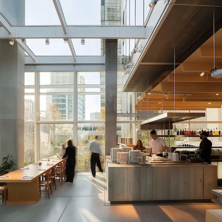 Foto un restaurante con muchas ventanas y una vista de la ciudad
