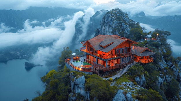 Foto restaurante no topo da montanha dia ensolarado ultra