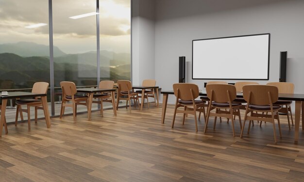 Restaurante o cafetería El paisaje exterior es de montañas nebulosas y sol por la mañana Una taza de café blanca Mesa de mármol decorada con sillas de madera Suelo cubierto de parquet3DRendering