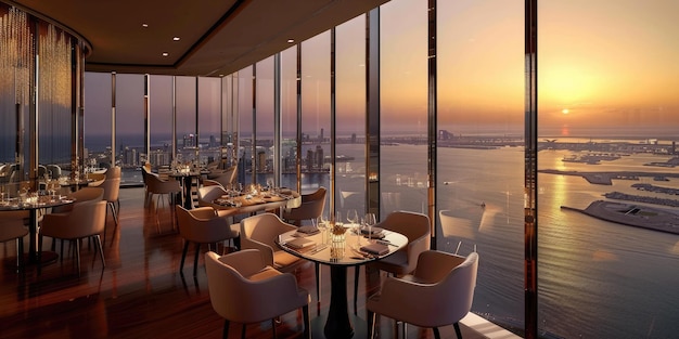 Restaurante panorâmico de hotel com vista para o oceano ou para a paisagem urbana