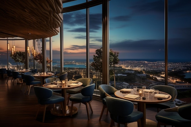 Restaurante panorámico del hotel con vistas al océano o al paisaje urbano.