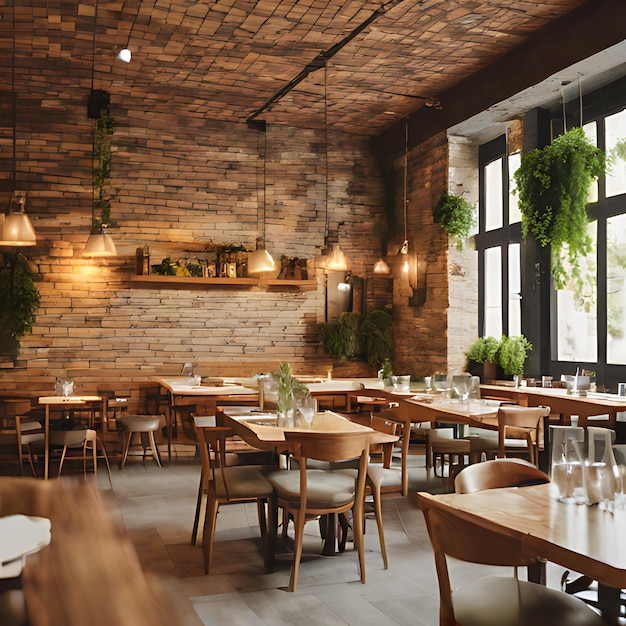 un restaurante con una pared de ladrillo y mesas y sillas