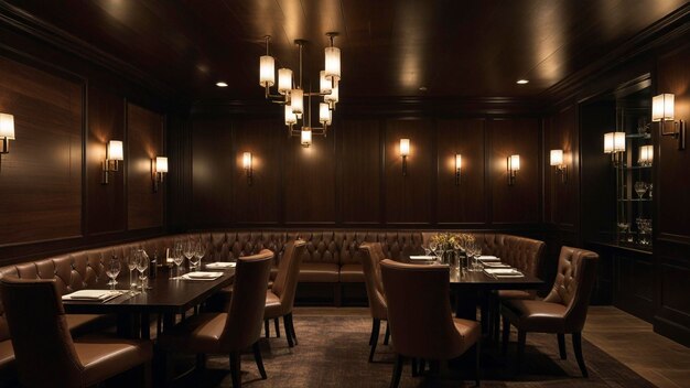 Foto un restaurante con una pared oscura y un candelabro con luces en el techo