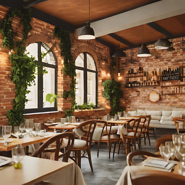 un restaurante con paredes de ladrillo y una pared de ladrillos con una mesa con sillas y una mesa con botella de vino