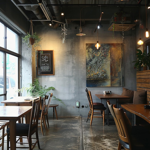 Foto un restaurante con una pintura en la pared y una imagen de una planta en la parede