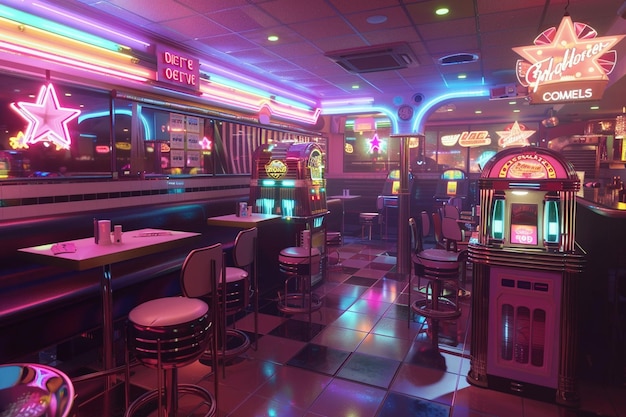 Foto un restaurante retro con letreros de neón y jukeboxes