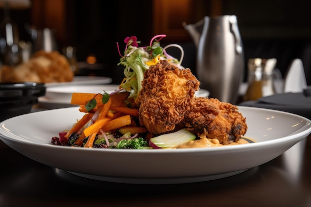 Restaurante sofisticado com frango frito crocante e mistura de vegetais criada com IA generativa