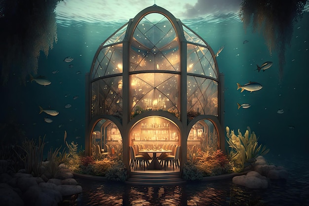 Restaurante subaquático Vista submarina Refeições Hotel Jantar subaquático Abstrato Ilustração de IA generativa