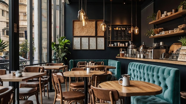 un restaurante verde con un sofá azul y una mesa con sillas y un cartel que dice café