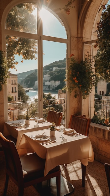 Un restaurante con vista al mar y montañas al fondo.