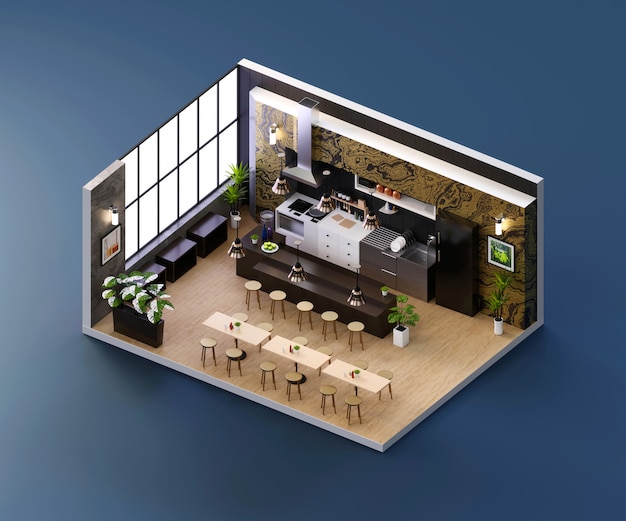 Restaurante de vista isométrica abierto dentro de la arquitectura interior, renderizado 3d.