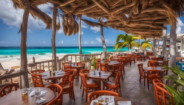 Foto un restaurante con vistas al océano y las palmeras