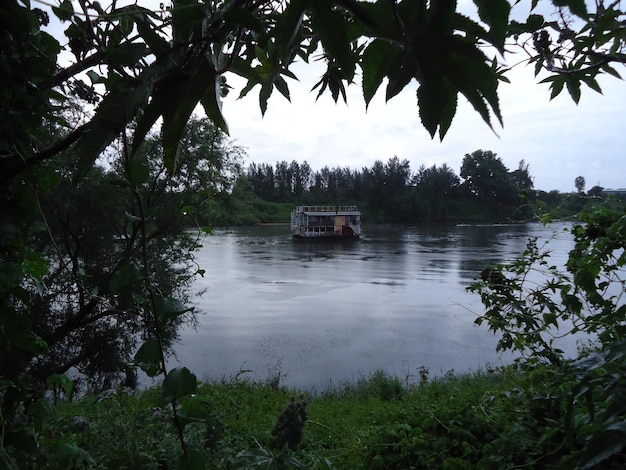 Un restaurante con vistas al río rodeado de flores verdes.