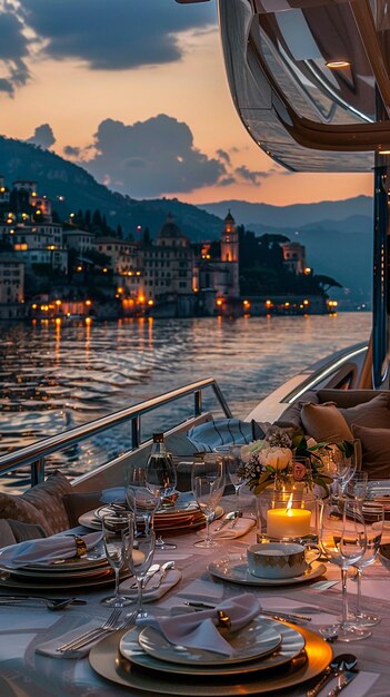 Foto un restaurante con vistas a las montañas y un lago