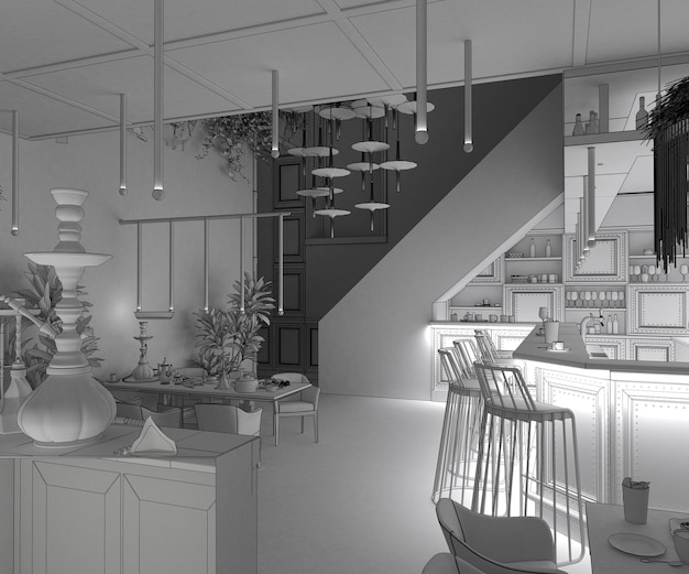 restaurante, visualización de interiores, ilustración 3D
