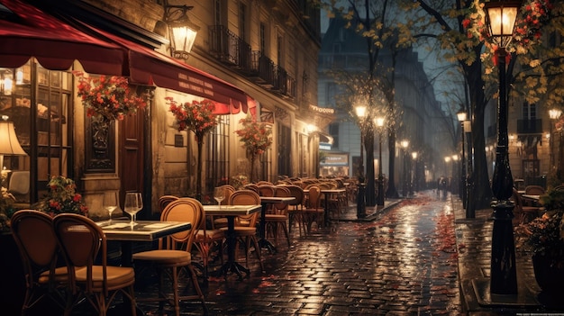 Restaurantes en una calle lluviosa de París