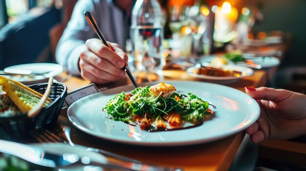 Foto restaurantmenü frau isst salat mit lachs in einem restaurant