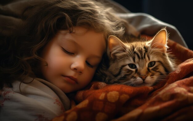 Restful Moments Niño pequeño y gatito envueltos en una acogedora manta para una siesta