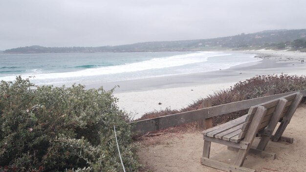 Resto de banco de madera vacío en sendero sendero océano playa árboles de la costa de california