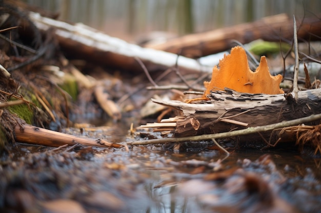 Foto restos de madeira perto da represa do castor na floresta