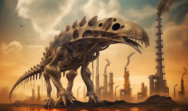 Restos esqueléticos de un dinosaurio contra las refinerías de petróleo industriales Ilustración del concepto de combustibles fósiles