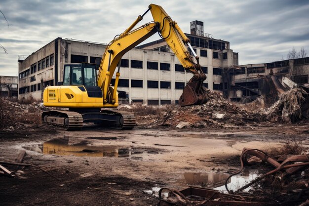 Restos rústicos Una excavadora amarilla se alza en un entorno abandonado