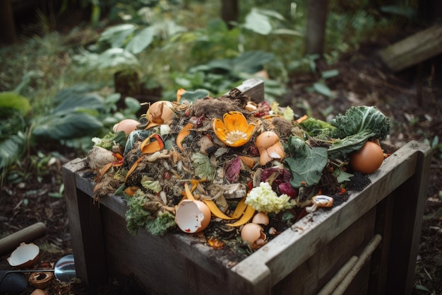 Foto restos de verduras y frutas se convierten en abono para su uso en jardines creados con ia generativa