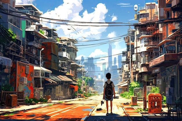 Resumen de la ciudad en Kingstown 2D Obra de arte 2D de alta calidad de un personaje de anime versión 1