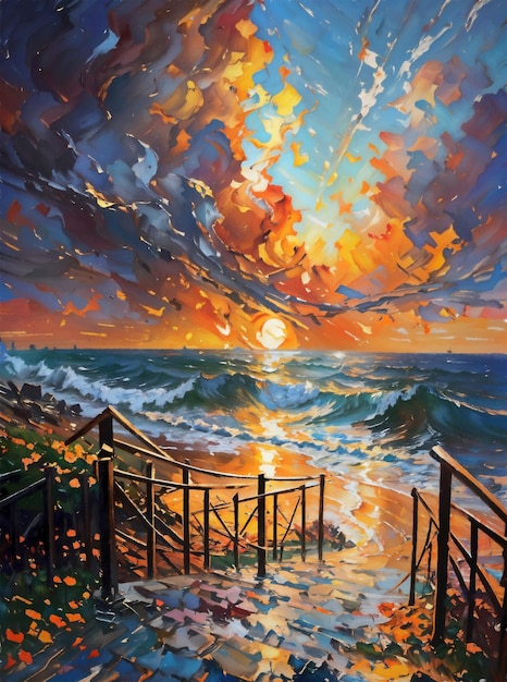 Resumen costa y olas del océano al amanecer o al atardecer pintura de estilo impresionista fondo generado por IA