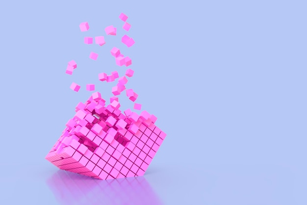 Foto resumen creativo moderno rosa pastel y azul fondo 3d un cubo tridimensional acostado de lado y explotando pequeñas partículas de cubo volando fuera de él ilustración 3d