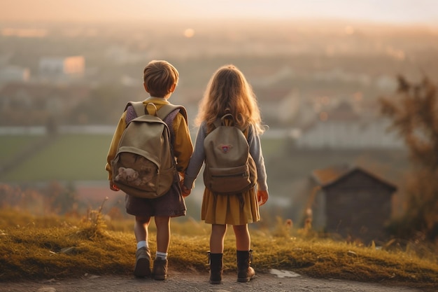 En resumen dos chicas cogidas de la mano con mochilas vistas desde atrás AI