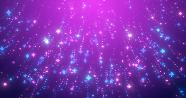 Resumen estrellas brillantes azules y púrpuras partículas mágicas de energía chispeante festiva glamorosa
