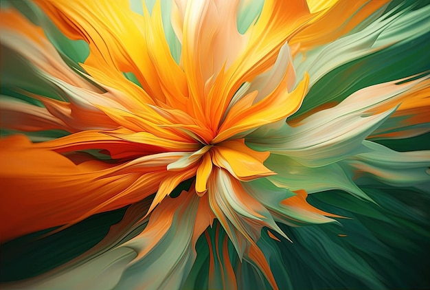 un resumen de la explosión floral naranja y verde en el estilo de Bryce 3D