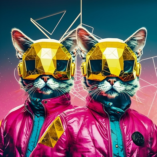 Resumen Funky Cats música banda ilustración moda retro pop y coroful patrón