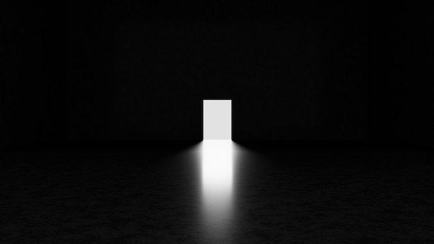 Resumen habitación de hormigón oscuro con puerta abierta y luz que la atraviesa. Ilustración de render 3d.