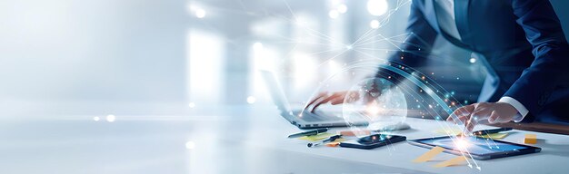 Resumen El hombre de negocios usa una computadora portátil y sincroniza los datos de la empresa en un dispositivo informático con la red global Intercambio de datos Transferencia de información Análisis de ciencia de datos y tecnología de Internet
