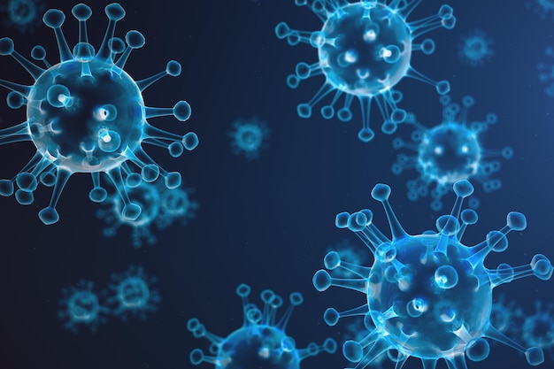 Resumen de ilustración 3D Virus y gérmenes, bacterias, organismo infectado por células. Virus de la influenza H1N1, gripe porcina sobre fondo abstracto. Virus azules que brillan en un color atractivo.