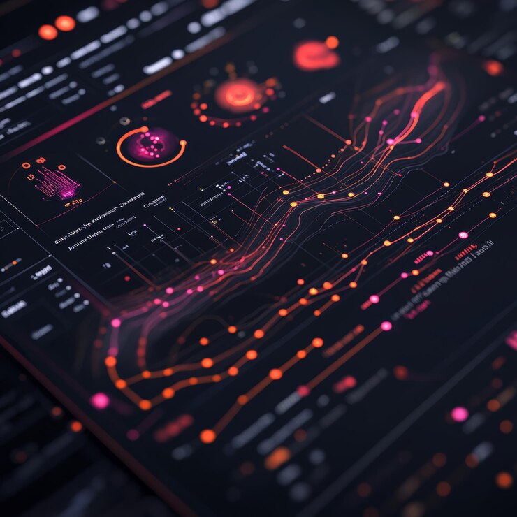 Resumen Interfaz digital futurista con análisis de datos y visualización de la red