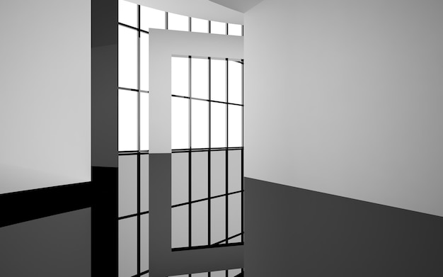 Resumen interior arquitectónico liso blanco y negro brillante de una casa minimalista con ventana grande