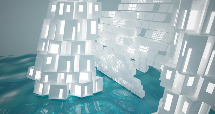 Foto resumen interior paramétrico de agua blanca y azul con ilustración y renderizado 3d de ventana