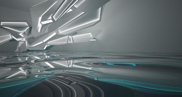 Resumen interior paramétrico de agua blanca y azul con ilustración y renderizado 3D de ventana