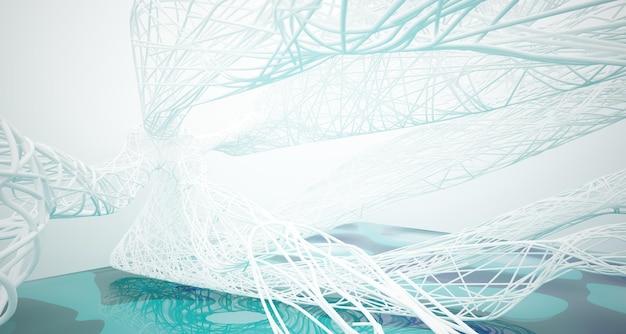 Resumen interior paramétrico de agua blanca y azul con ilustración y renderizado 3D de ventana