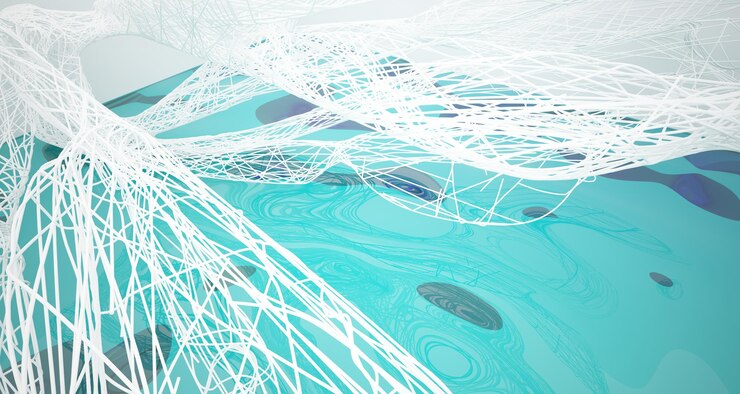 Foto resumen interior paramétrico de agua blanca y azul con ilustración y renderizado 3d de ventana
