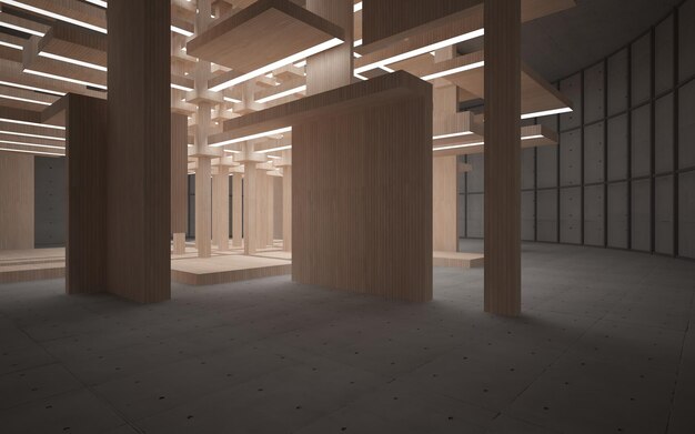 Resumen interior paramétrico de hormigón y madera con ilustración y renderizado 3D de ventana